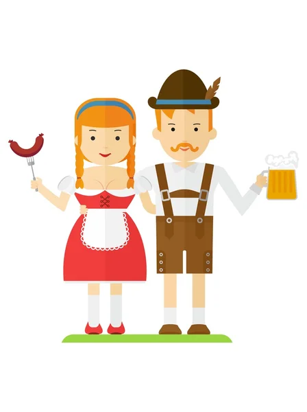 Pareja bavariana con cerveza y salchichas — Vector de stock