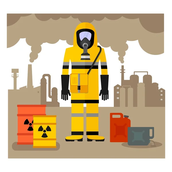 Werkkleding man in gas masker — Stockvector