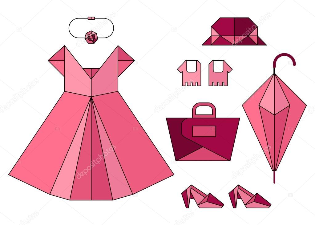 Download Set of pink origami fashion lady accessories — Stock Vector © quarta #109421372