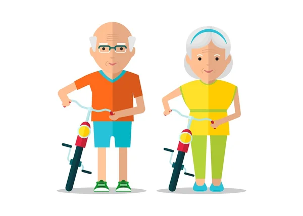 Pareja de ancianos caminar con bicicletas — Vector de stock