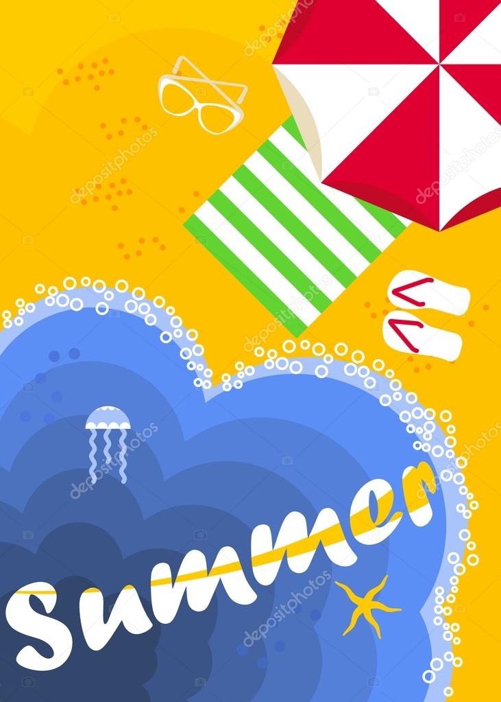 Summertime traveling template with beach summer accessories. Summer Time in Beach Sea. Objects isolated on background. Flat and cartoon vector illustration.