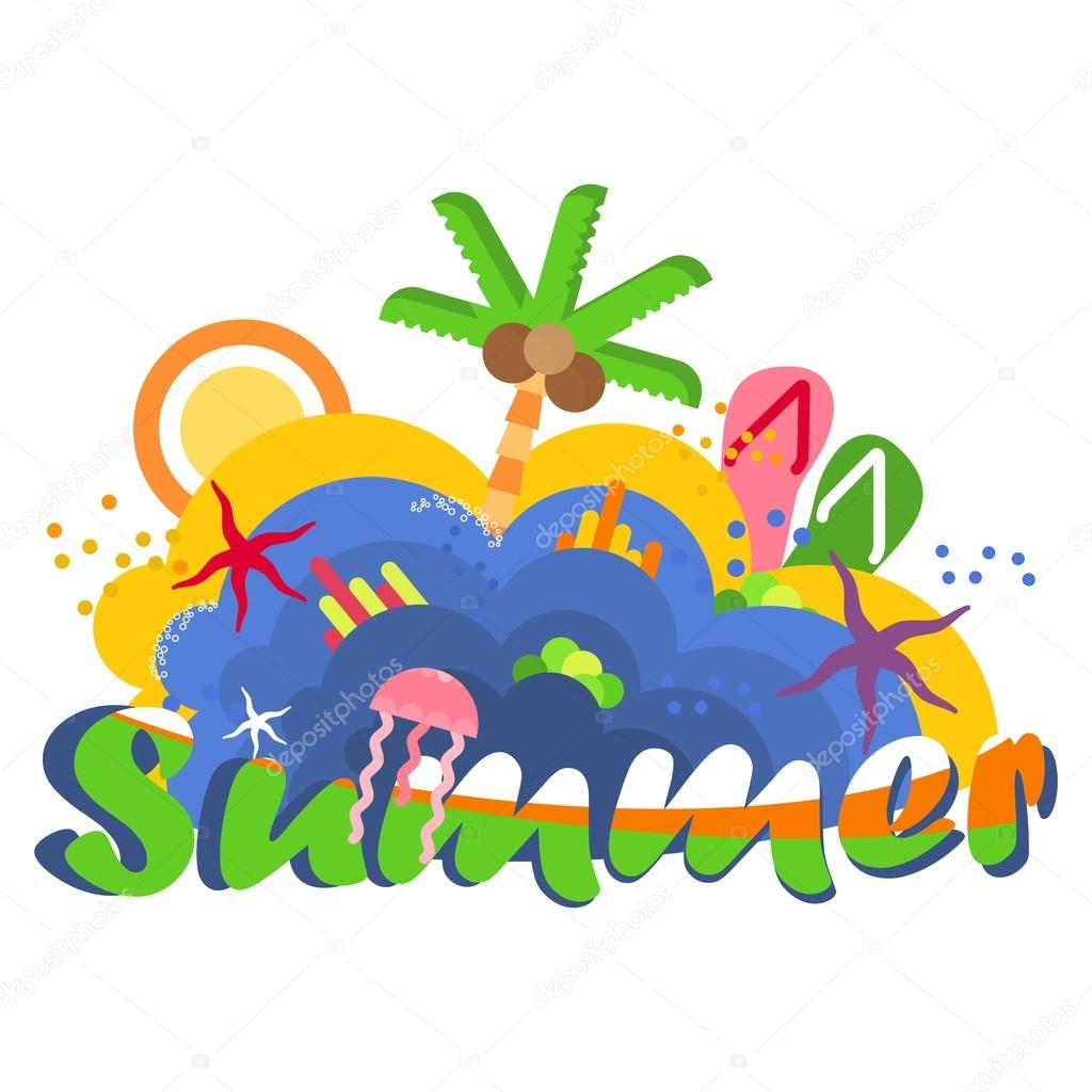 Summertime traveling template with beach summer accessories. Summer Time in Beach Sea. Objects isolated on background. Flat and cartoon vector illustration.