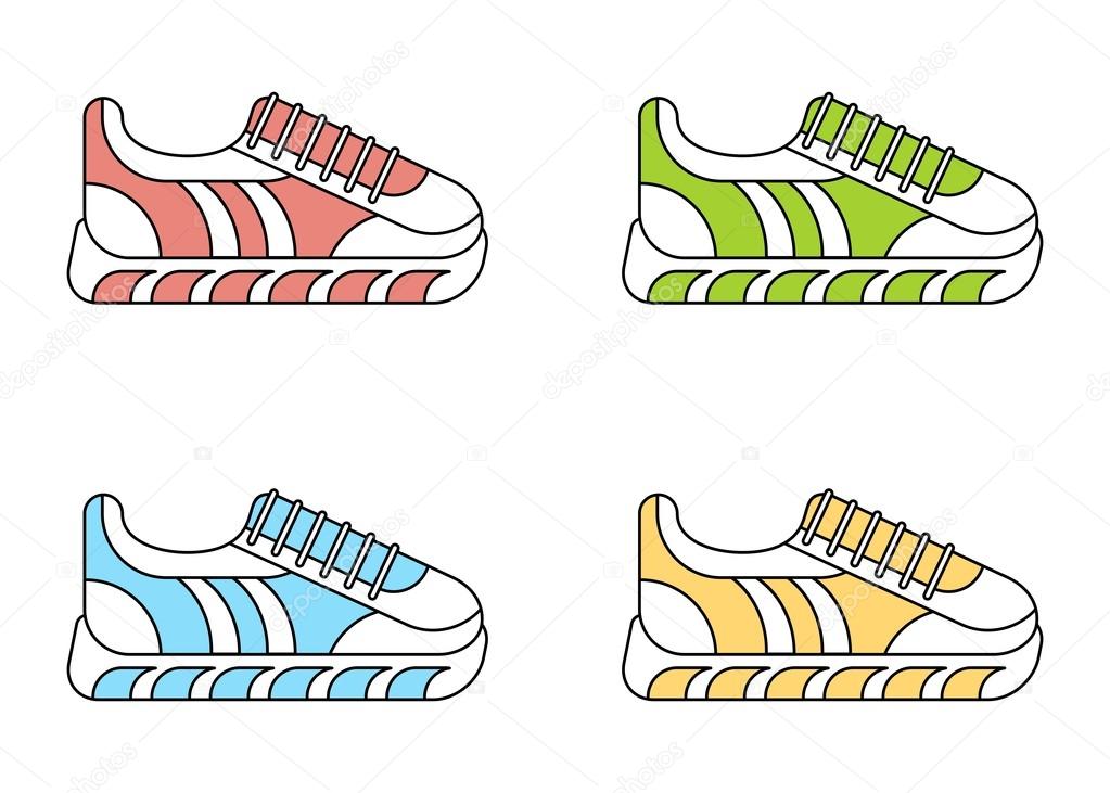 Set of color fashionable sneakers. Color fashionable sneakers. Cartoon flat vector illustration. Objects isolated on a white background.