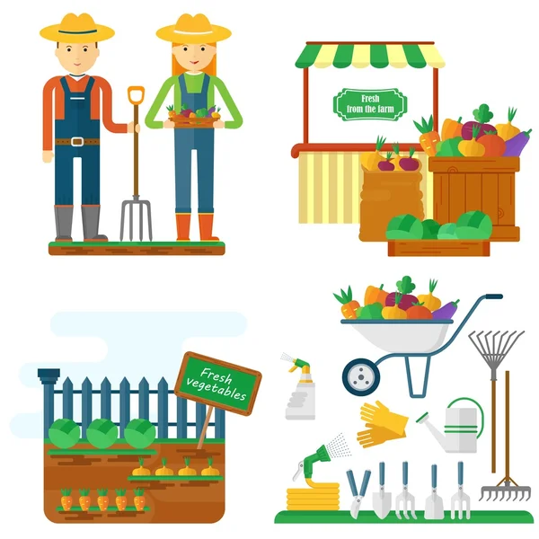 Agricultor con equipo de jardín — Vector de stock