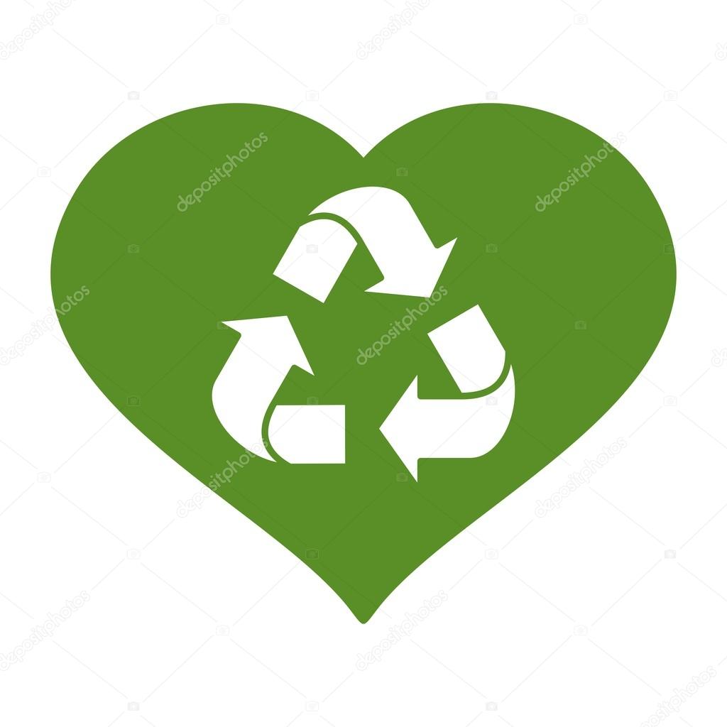 Vector recycle logo in green heart. Logotype for sites, advertising brochures, flayers, posters and info graphics. Flat cartoon vector illustration. Objects isolated on a white background.