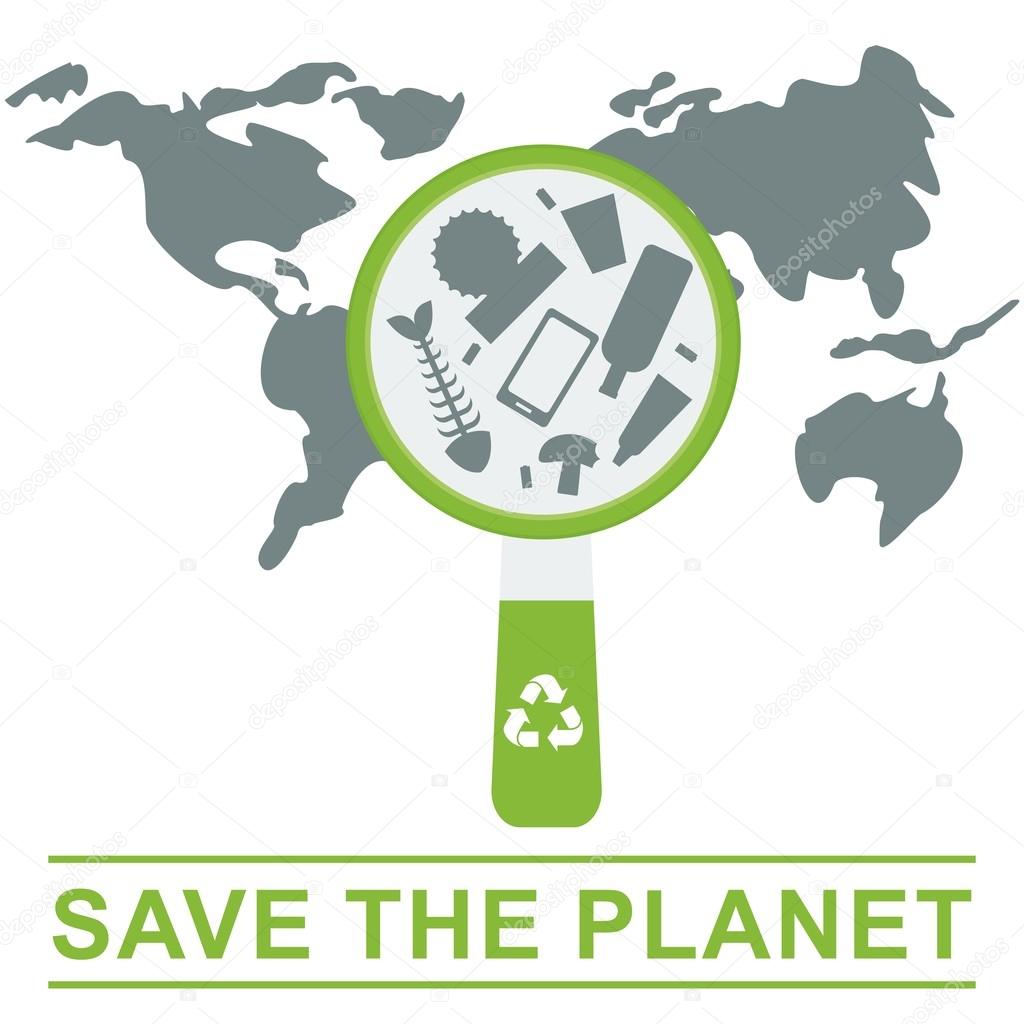 Vector recycle logo save the planet. Waste sorting problem. The impact of pollution on the ecology of the planet. Flat cartoon vector illustration. Objects isolated on a white background.