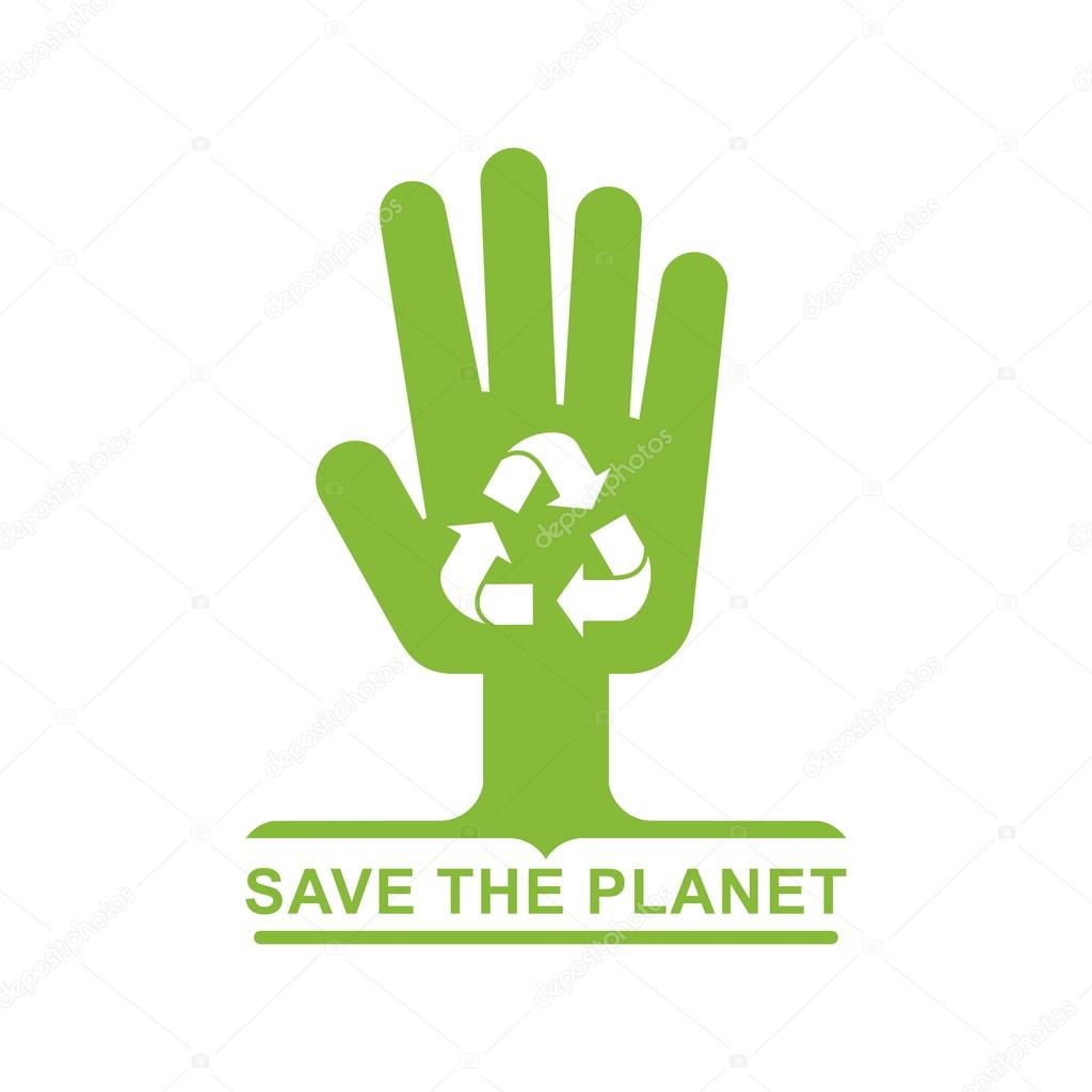 Vector recycle logo on hand. Logotype for sites, advertising brochures, flayers, posters and info graphics. Flat cartoon vector illustration. Objects isolated on a white background.