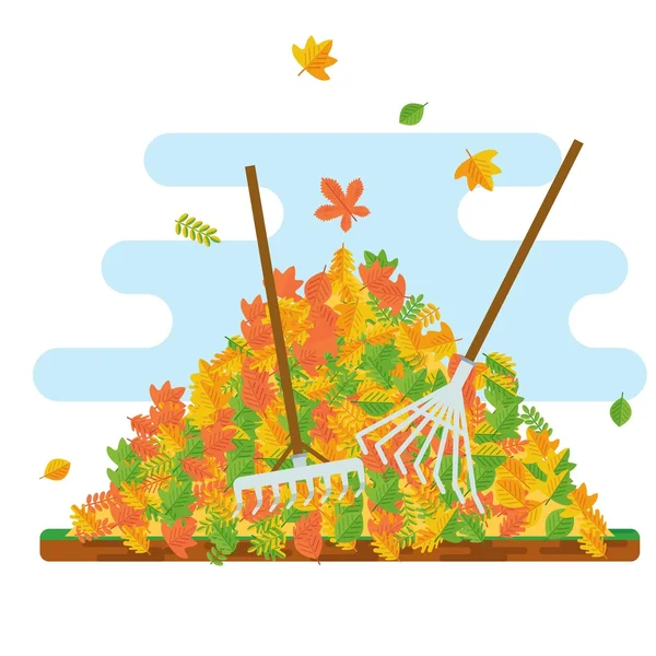 Rake collecting fallen leaves — Stock Vector