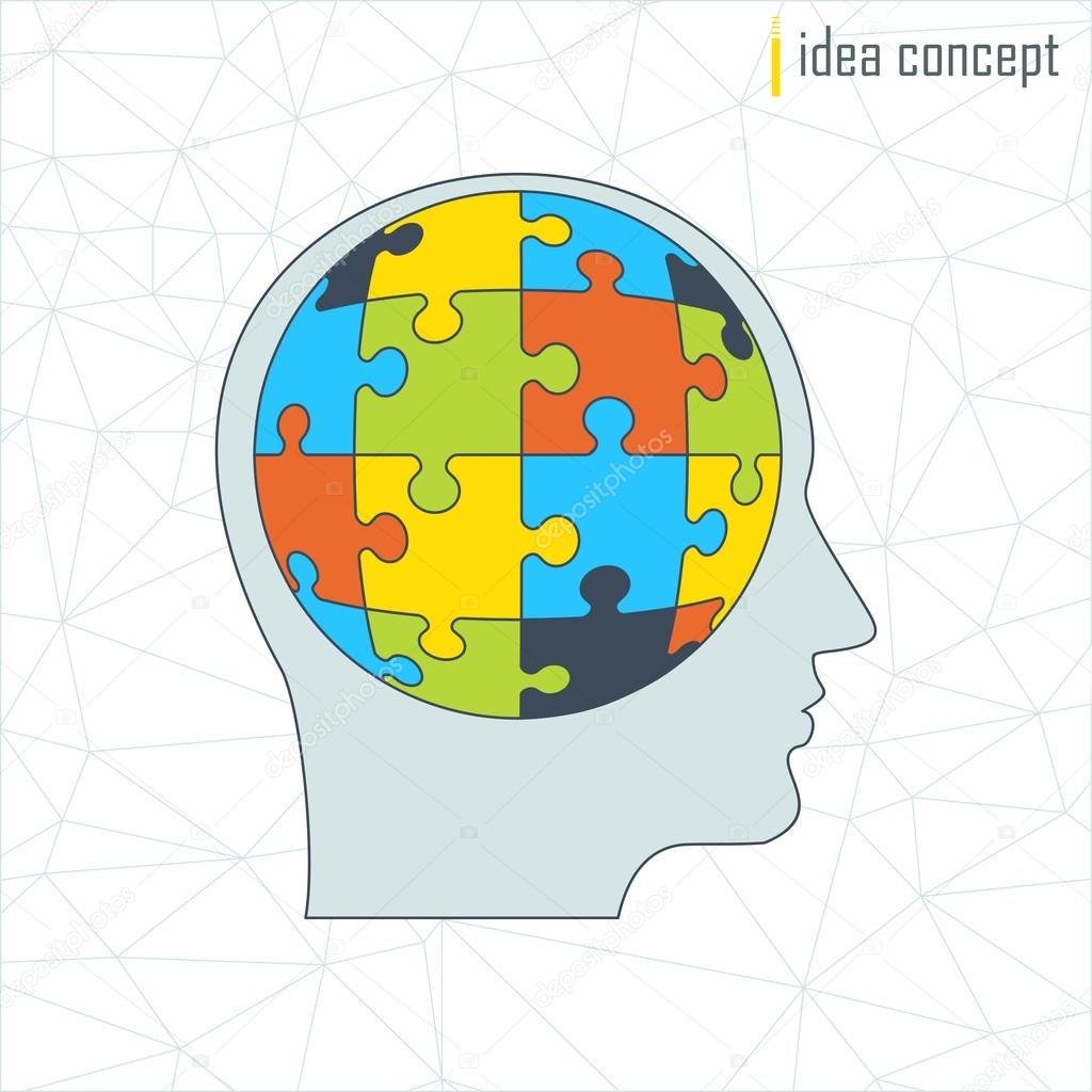 Vector human profile. Puzzle pieces icon. Solution concept for brainstorm. Elements for marketing, promotion, branding and media. Flat cartoon illustration. Objects isolated on white background.
