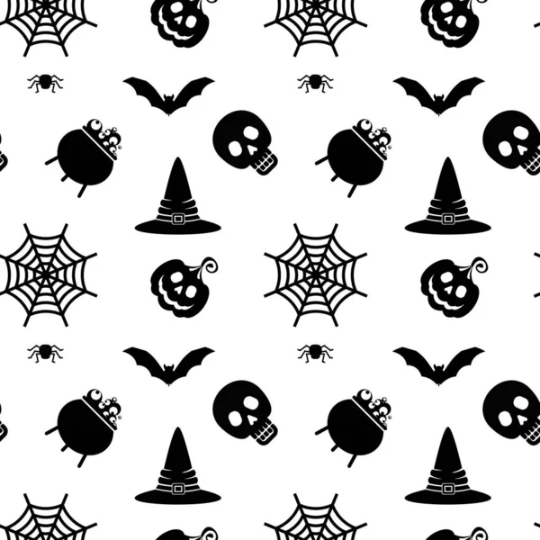 Padrão sem costura Vector Halloween. Ícones pretos de crânio, aranha, abóboras. —  Vetores de Stock