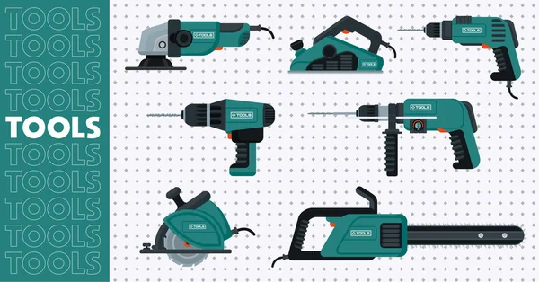 Conjunto de ferramentas elétricas na cor verde e preta. Reparação doméstica — Vetor de Stock