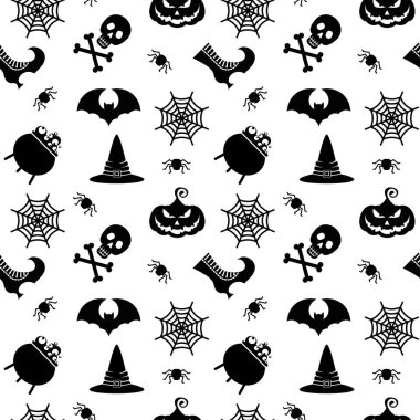 Vektör Cadılar Bayramı kusursuz desen. Siyah kafatası, örümcek, balkabağı ikonları.