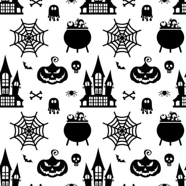 Vector Halloween naadloos patroon. Zwarte iconen van schedel, spin, pompoenen. — Stockvector