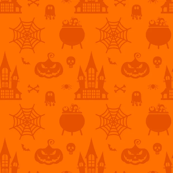 Vector Halloween naadloos patroon. Oranje iconen van schedel, spin, pompoenen. — Stockvector