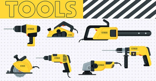 Juego de herramientas eléctricas en color amarillo y negro. Reparación casera — Archivo Imágenes Vectoriales