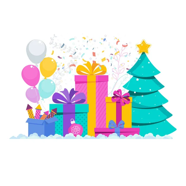 2021 wenskaart. Enorme geschenkdoos, Kerstboom, slinger hangt — Stockvector