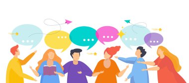 İnsanlar konuşuyor. Sosyal ağlarda sohbet ediyorlar. Düz vektör illüstrasyonu.