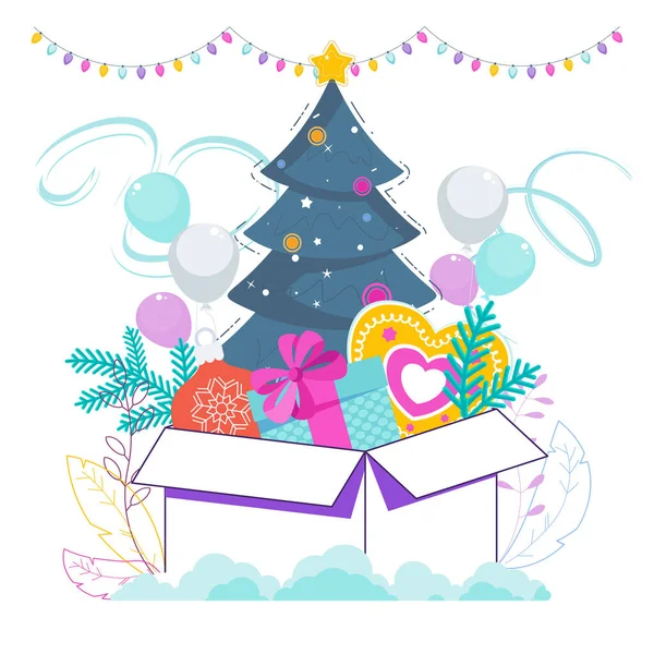 圣诞树在一个装有礼物和糖果的大盒子里. — 图库矢量图片