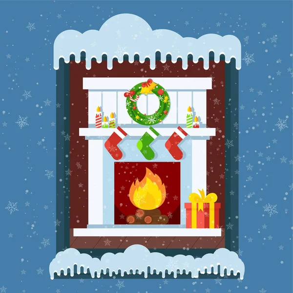 从冬雪弥漫的街上看到一间房间，房间里有一个熊熊燃烧的圣诞壁炉. — 图库矢量图片