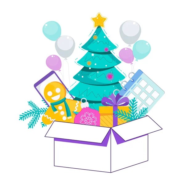 Pomul de Crăciun într-o cutie mare cu cadouri și dulciuri . — Vector de stoc