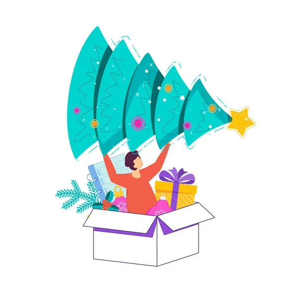 Kleine man springt uit de doos met een kerstboom in zijn handen — Stockvector