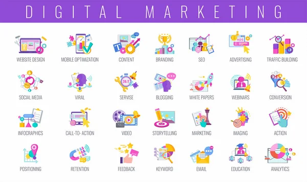 デジタルマーケティングカラーアイコンを設定します。平面ベクトル図. — ストックベクタ
