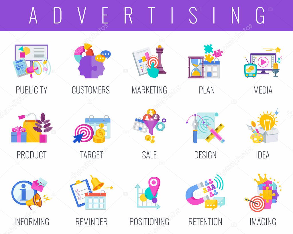 Advertising icons set. Creative Advertising and marketing strategy.