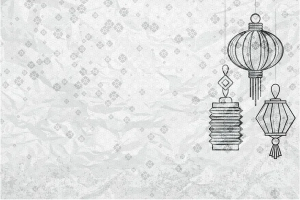 Kaart met Chinese papieren lantaarns. Monochrome tekening — Stockvector