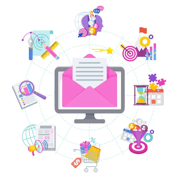 E-mail marketing stratégia. Sikeres stratégia az ügyfelek vonzására. — Stock Vector