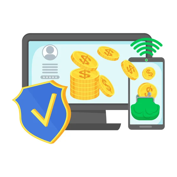 Internetbank. Biztonságos online fizetés. Számítógépes pénzátutalás. — Stock Vector