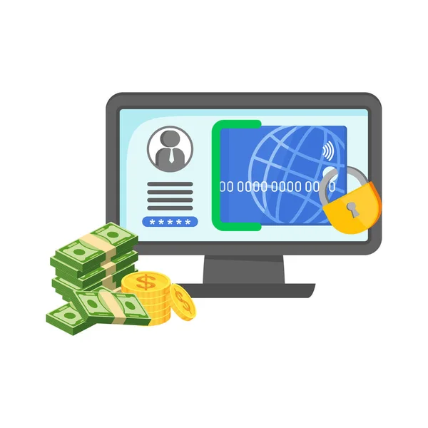 İnternet bankacılığı. Çevrimiçi ödemeleri güvenceye al. Bilgisayar kullanarak para transferi. — Stok Vektör