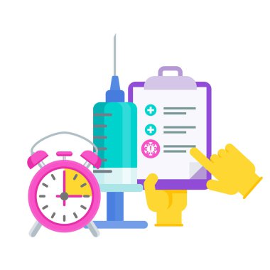 Aşı takvimi. Doktor büyük bir şırınga ve aşı dozuyla.