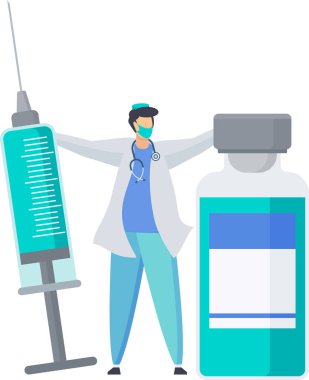 Aşı takvimi. Doktor büyük bir şırınga ve aşı dozuyla.