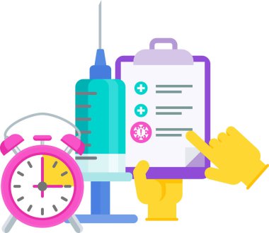 Aşı takvimi. Doktor büyük bir şırınga ve aşı dozuyla.