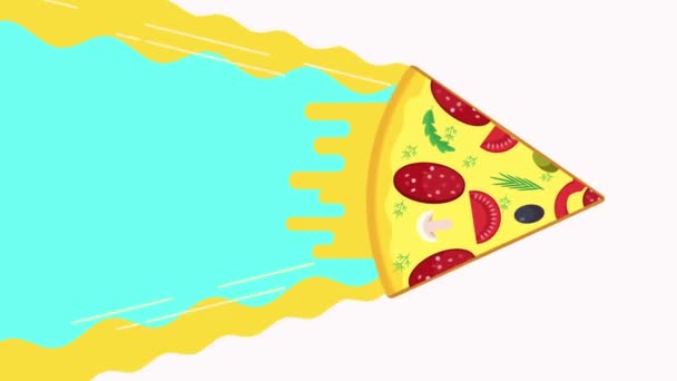 Pizza-Scheibe rauscht durch den Weltraum und schneidet sich durch die Luft. — Stockvideo