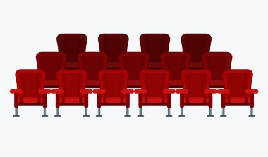 Auditorium and rows of red comfortable armchairs in the cinema.
