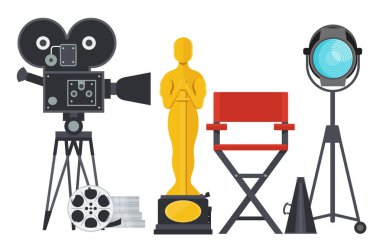 Film yönetmenleri koltuğu megafon, projektör, kamera ve klapa