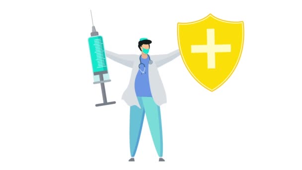 Il medico tiene in mano uno scudo e una siringa con un vaccino. — Video Stock