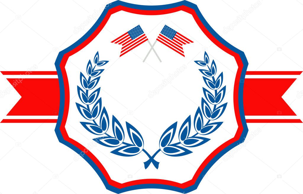 Badge with laurel wreath, logo. Independence day of USA flat vector icon. July fourth celebration party. Objects isolated on a white background.