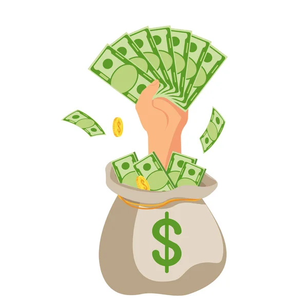 Hand with money sticks out of a bag of money. — Stock Vector