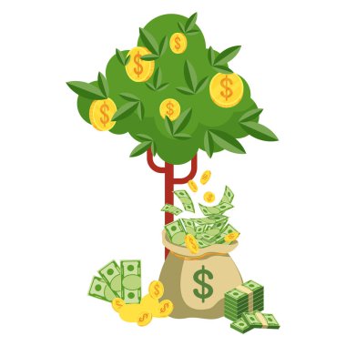 Para çantası ve banknotlu para ağacı. Zenginliğin sembolü