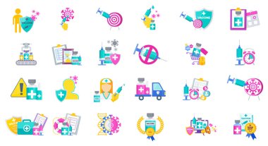 Aşı simgeleri ayarlandı. Aşı planı. Genel bağışıklık.