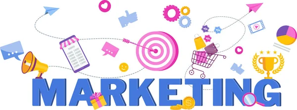 Marketing Tipografia illustrazione vettoriale piatta. Strategia, gestione. — Vettoriale Stock