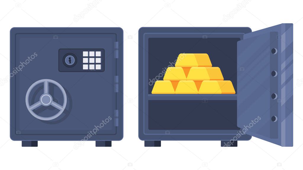 Bank safe gold bar, ingnots. Flat vector cartoon illustration