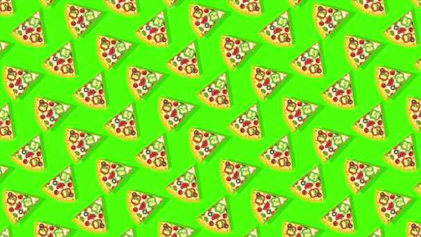 Pizza, Pizzastücke auf grünem Hintergrund. Loopflache Animation. — Stockvideo