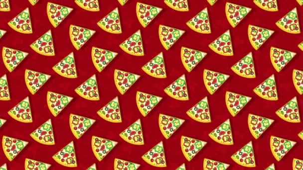 Pizza, pedaços de pizza num fundo vermelho. Animação plana em loop. — Vídeo de Stock