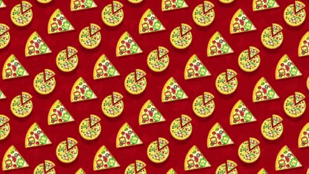 Pizza, pedaços de pizza num fundo vermelho. Animação plana em loop. — Vídeo de Stock