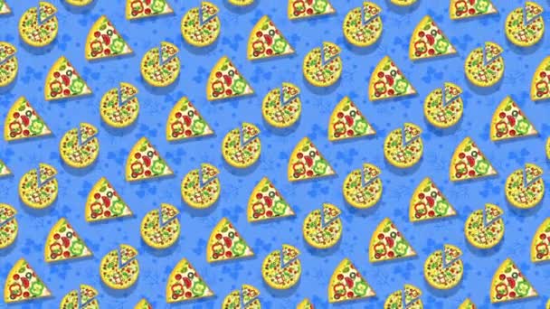 Pizza, stukjes pizza op een blauwe achtergrond. Looped platte animatie. — Stockvideo