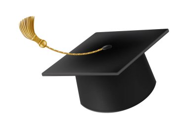 Kutlamadan mezun oluyor. Altın püsküllü uçan siyah mezuniyet şapkası. Farklı açılardan 3d kare akademik kapaklar. Vektör illüstrasyonu beyaz arkaplanda izole edildi.