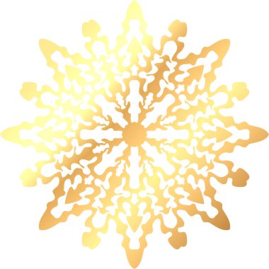 Oyulmuş kar tanesi. Klasik altın yaldızlı folyo kar tanesi. Parlak Noel dekorasyonu. Yeni yıl kartı ve davetiyesi için lüks öğe. Zarif kar kristali. Vektör illüstrasyonu, EPS 10.